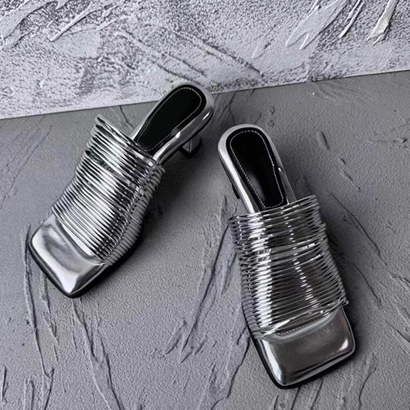 Fashion Square Toe Stiletto Sandals for Women Summer Shiny Solid Color High Heels Casual Half Slippers Shoes for Women Designer Sandals