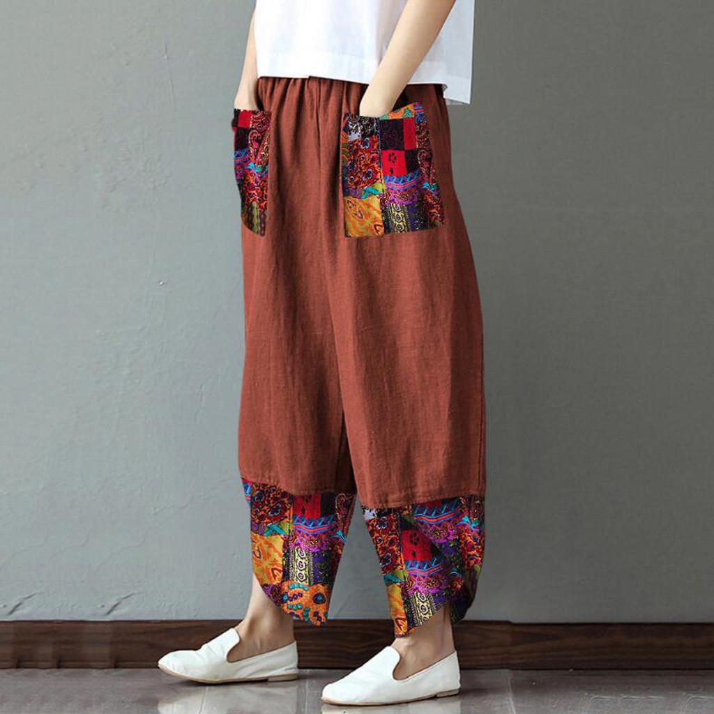 Women Casual Cotton Linen Print Patchwork  Irregular Loose Wide Leg Pants