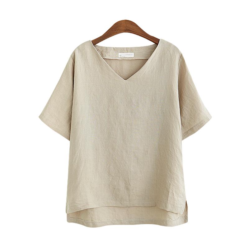 

Летняя свободная тонкая футболка с V-образным вырезом и короткими рукавами, женская повседневная рубашка большого размера, модная элегантная новая женская одежда из хлопка и льна 3124 3XL хаки