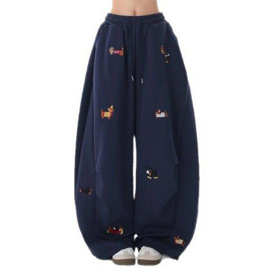 Unisex Retro Embroidered Puppy Wide Leg Pants - Lazy Style, Straight Leg, Crooked Knife Design for Spring and Autumn