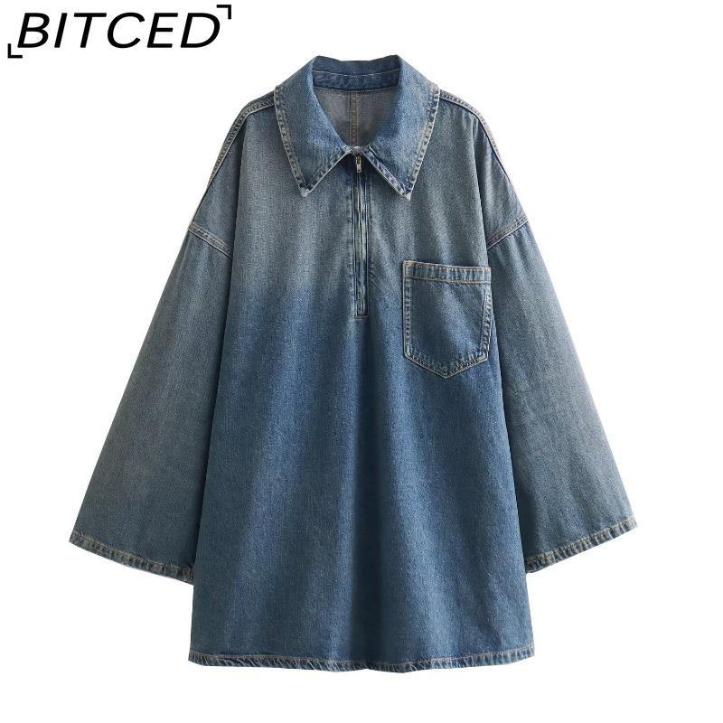 

BITCED Женское весенне-осеннее модное джинсовое платье большого размера с воротником и свободного кроя L синий