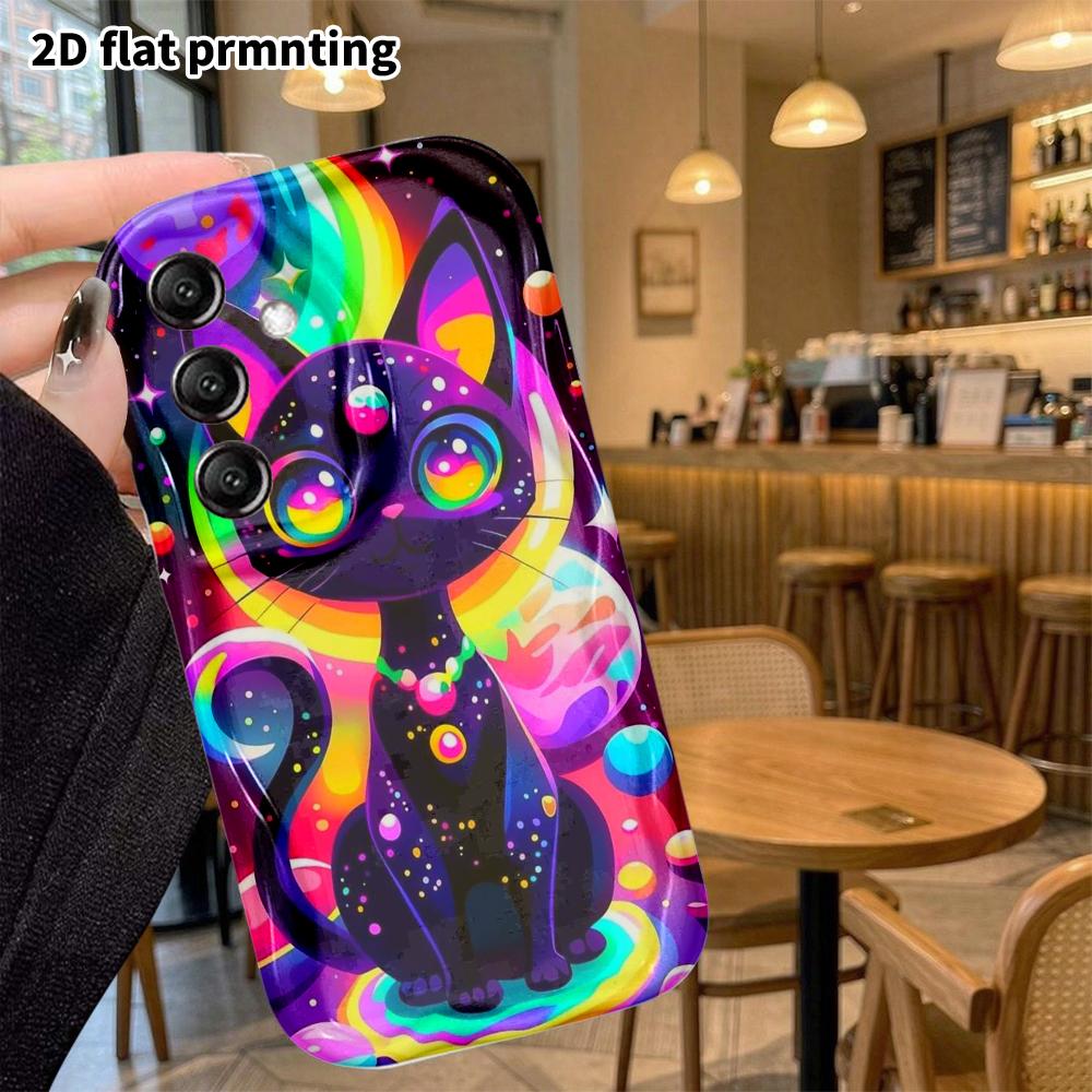 Phone Case: 2D flat, suitable for Samsung Galaxy A34 A35 M05 M06 S20 S22 S21 FE Plus 5G protective case, neon little black cat, perfect holiday gift f