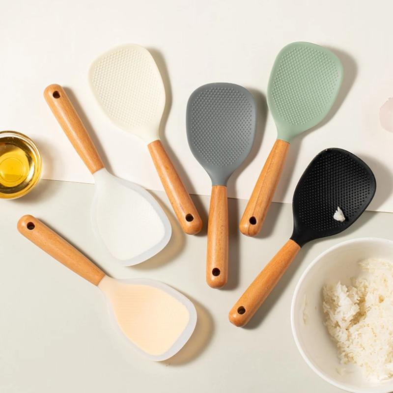 Rice Spoon Silicone Rice Spoon Standable Non - Stick Rice Spoon, Food - Grade Silicone/Wood, Home Rice Cooker Serving Spoon