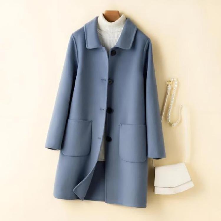 Women Single Breasted Pea Coat Mid Length Wool Blend Trench Coat Notch Lapel