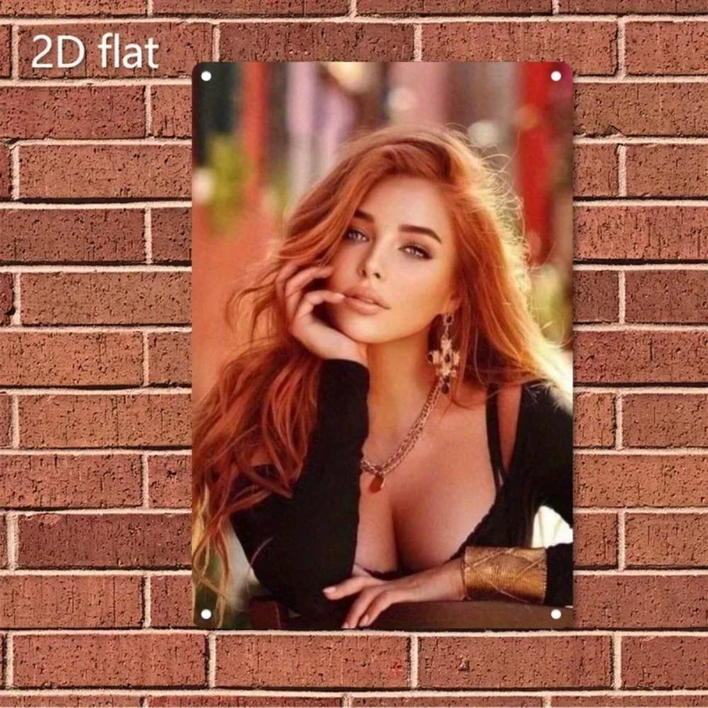 Redhead Woman Metal Wall Art Brown Hair Green Eyes Iron Decor for Bedroom Bar Cafe