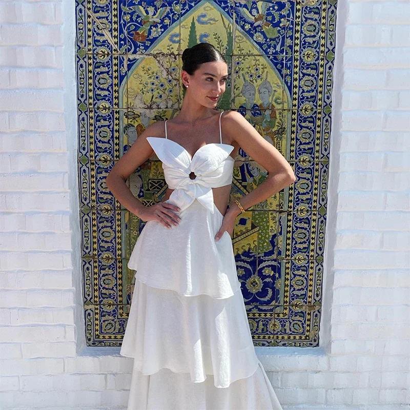 White Flower Sling Dress Women Hollow Out Sleeveless Backless Ruffles Party Long Holiday Dresses Female