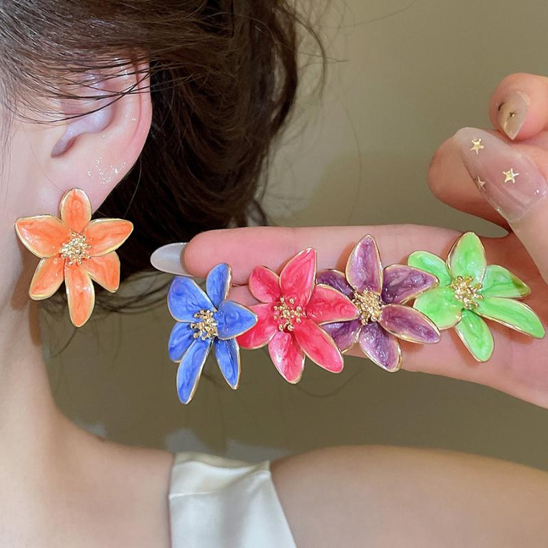Vintage Metal Colorful Oil Dripping Flower Big Earrings For Women Sweet Simple Fashion Bohemia Trendy Jewelry Accessories Gifts