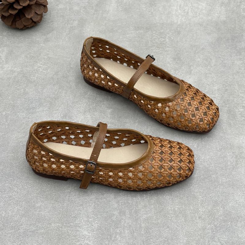Johnature Handmade Cowhide Woven Hollow Women's Shoes Breathable Comfortable Genuine Leather Flat Sandals
