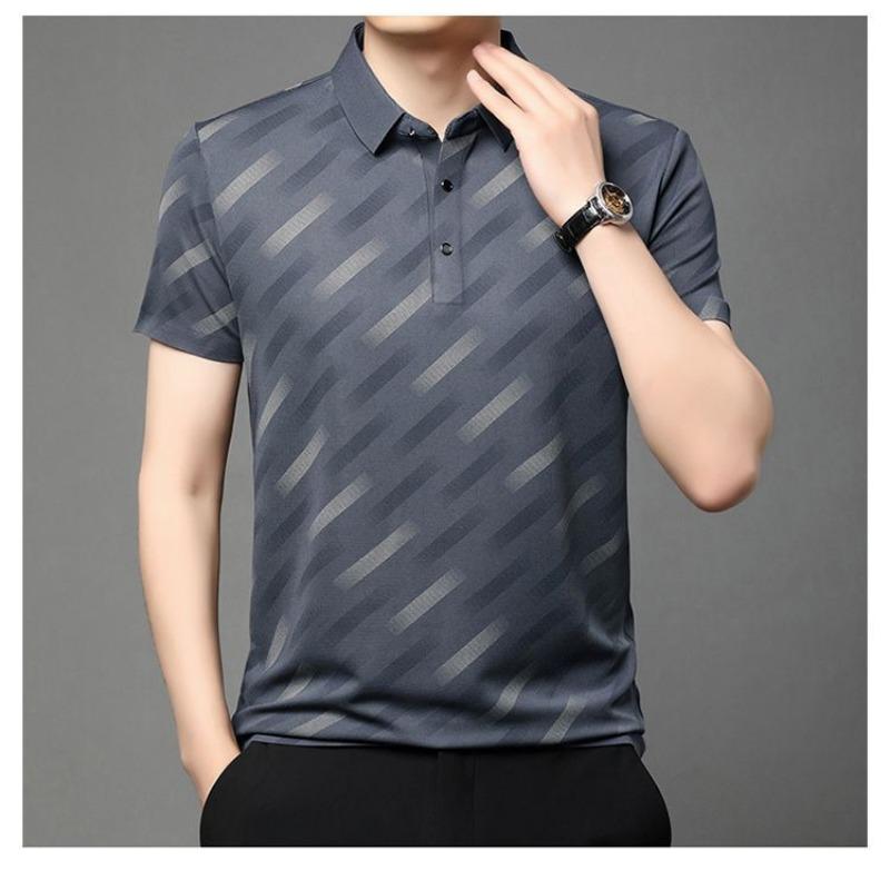 

Мужская полоскатая рубашка-поло в стиле business casual, с коротким рукавом, из ледяного шелка, дышащая, с отложным воротником, летний топ L серый