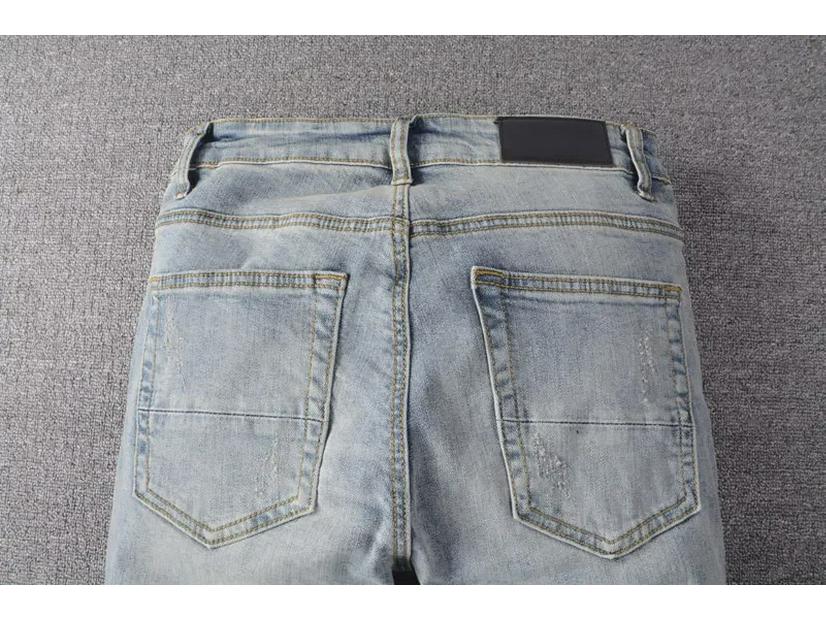 Pánské světle modré roztrhané skinny džíny s diamantovými nášivkami