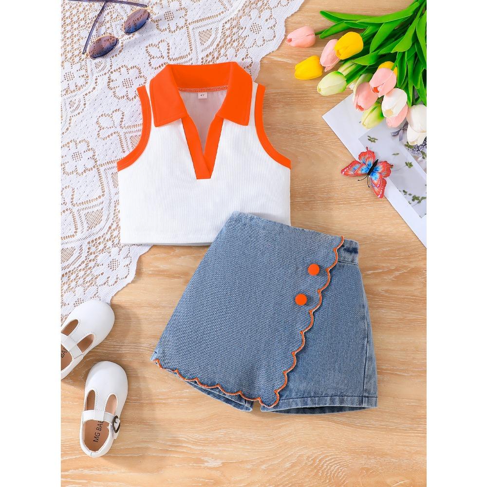 

Детская летняя одежда с коротким рукавом, новый жилет для девочки, топ + ковбойский полукостюм с коротким рукавом, модный костюм для девочек 2-3Y оранжевый