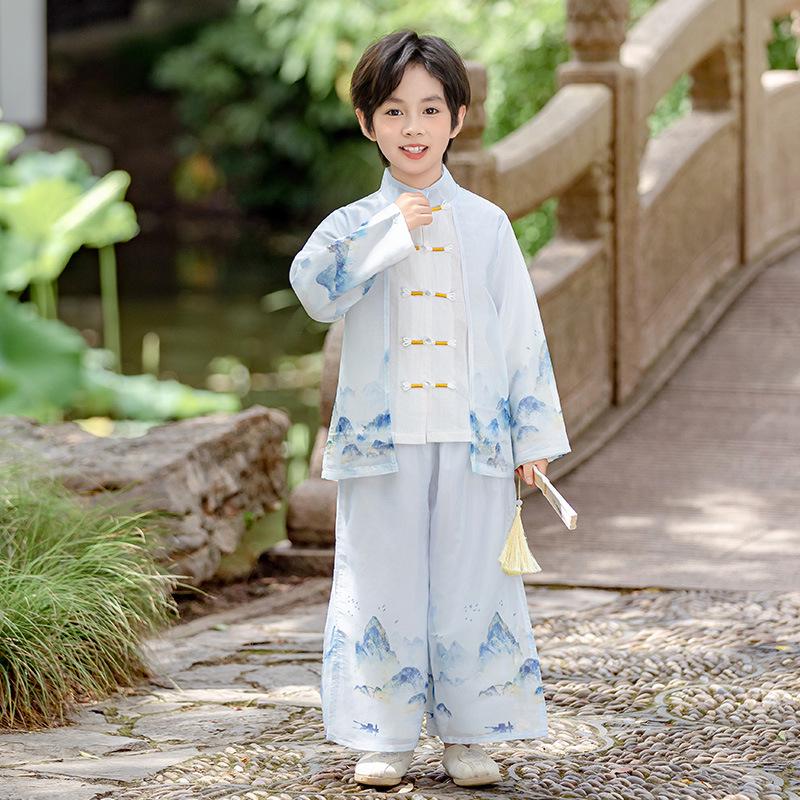 Kids' Chinese Hanfu Costume: Boys' Spring/Summer Long-Sleeve & Girls' Tang Suit Performance Set