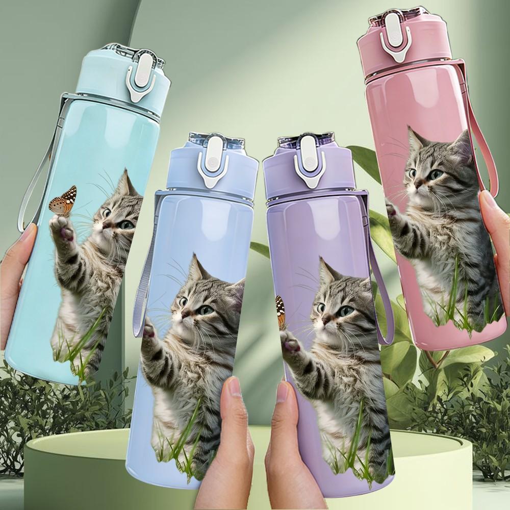 1PC Grey Tabby Kitten Cat Animal Print 750ml Color Plastic Sports Water Bottle Leakproof Flip Straw Lid Suitable for Sports Office Home Use