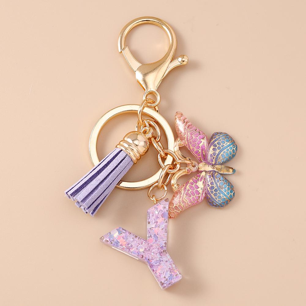 Fashion Purple Tassel Alphabet Keychain 26 Initials Letter Key Ring for Women Girls Handbag Pendants DIY Handmade Jewelry Gifts