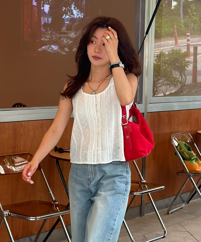 OSTKAKA Eyelet Pintuck Sleeveless Blouse Ivory