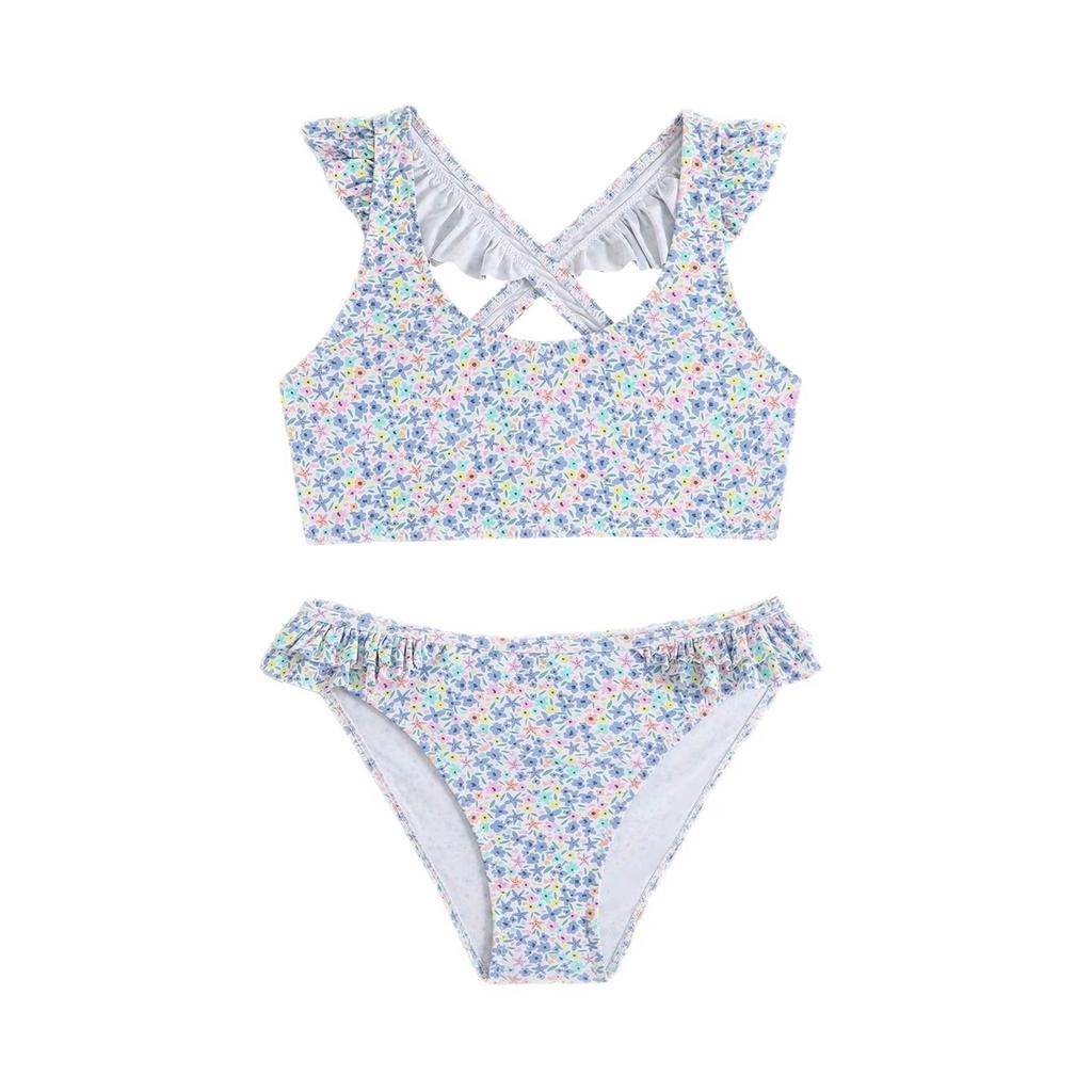 Girls Two Piece Swimsuit Set Floral Print Ruffle Trim Tankini Top and Bikini Bottom Swimwear for Kids Summer Beach Pool