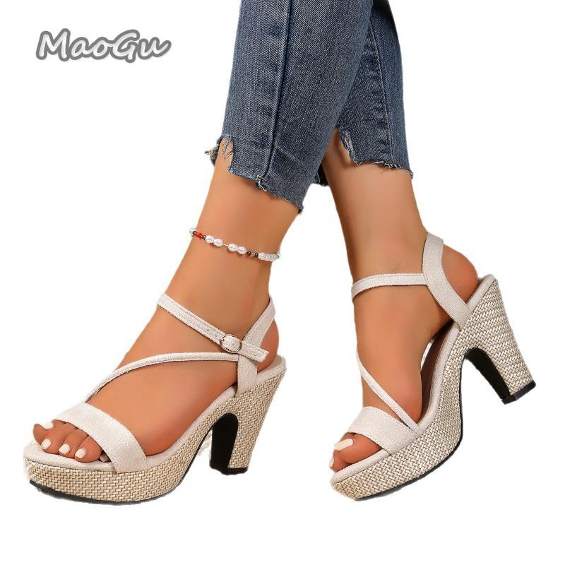 Fashion Women's Black Chunky Heel Sandals Summer 2025 Fashion Espadrilles Platform Sandals Woman Back Strap High Heels Sandalias Mujer