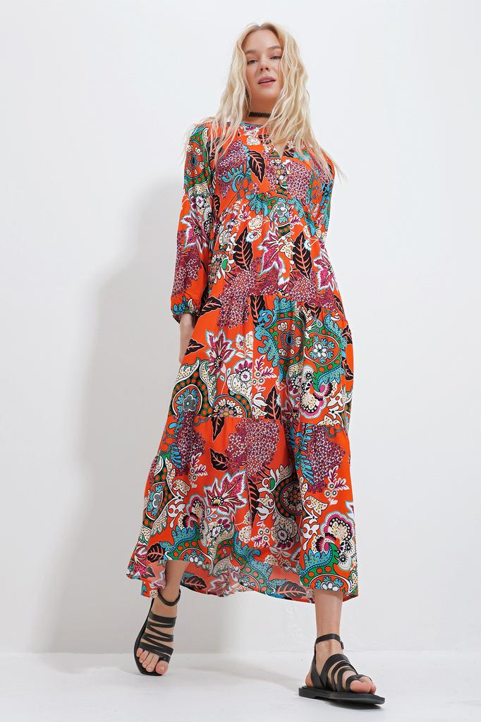 Women's Hijab Dress New Season Fashion Orange Magnetic Collar Paisley Patterned Maxi Dress