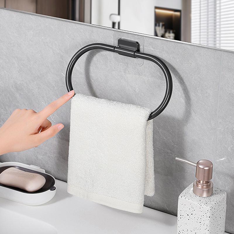 Handtuchhalter aus Kunststoff Selbstklebend Badezimmer Handtuchständer Schwarz Waschlappen Aufhänger Ring Schiene Stange Küchenaufbewahrungszubehör