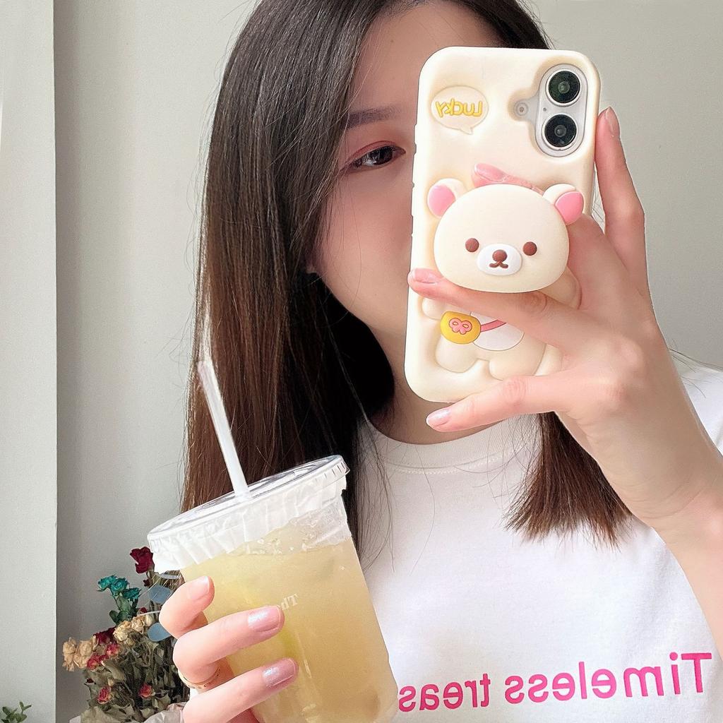 Applicable to iphone16 hot-selling cute cartoon bracket 3D three-dimensional silicone easy backpack bear anti-drop soft phone case
