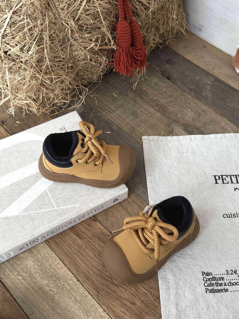 XSHX Fatty Martin | Boys and girls autumn and winter Velcro small yellow boots retro bag head foot protection rubber non-slip
