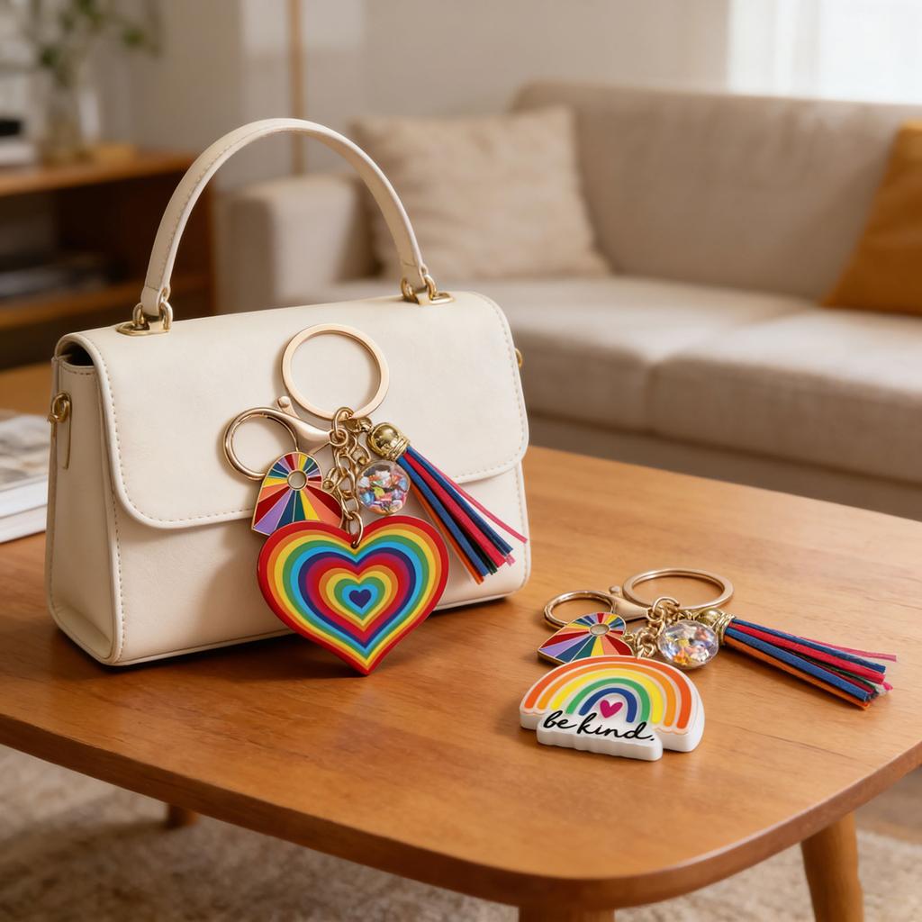 Lovely Rainbow Love Key Holder Dainty Tassels Charm Ideal For Purse Backpack Decoration