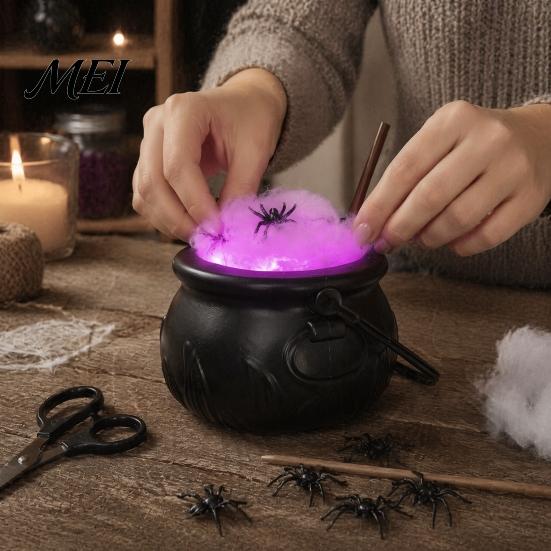 Dark Style Photo Prop Light Up Witch Cauldron DIY Set, Halloween Glowing Black Plastic Bowl with Spiders, Craft Kit Spooky Hocus Pocus Candy