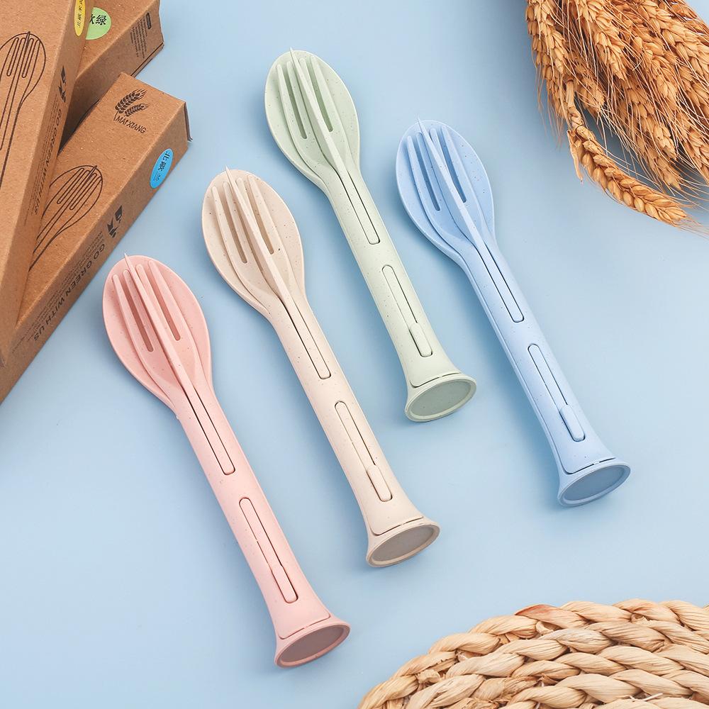 1pc Nordic Style Wheat Straw Children's Knife, Fork, and Spoon 3-in-1 Portable Cutlery Set