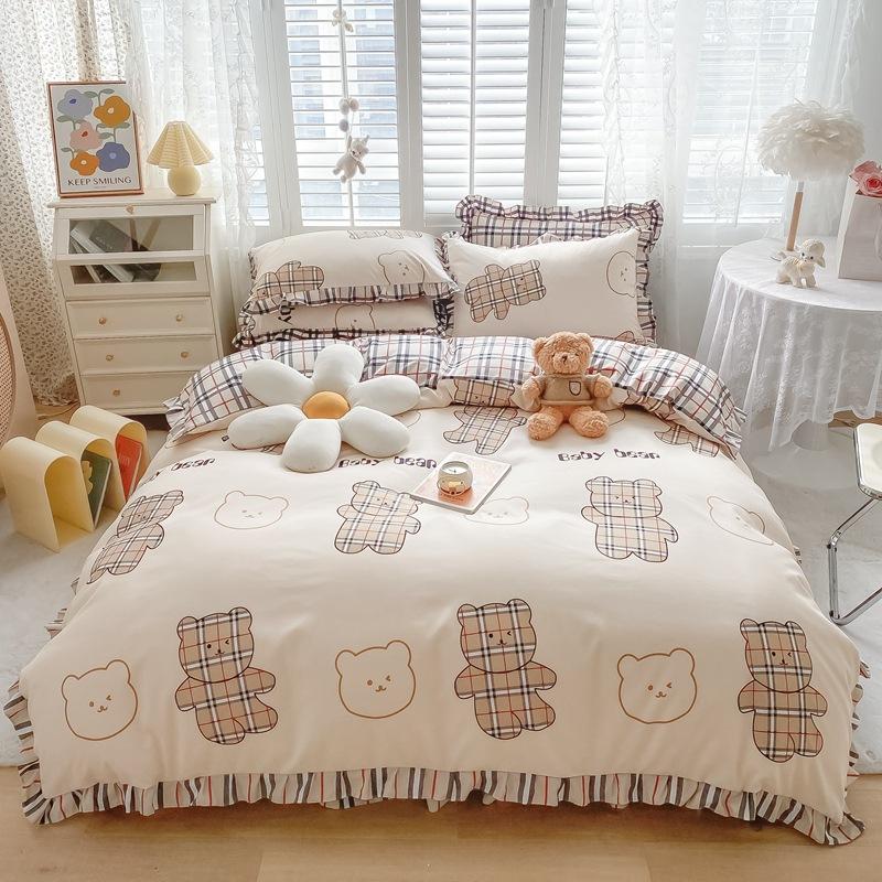 Korean Style Bed Skirt Four-piece Set Pure Cotton Edge Bed Sheet Thickened Plant Cashmere Brushed Skin-friendly Bedding