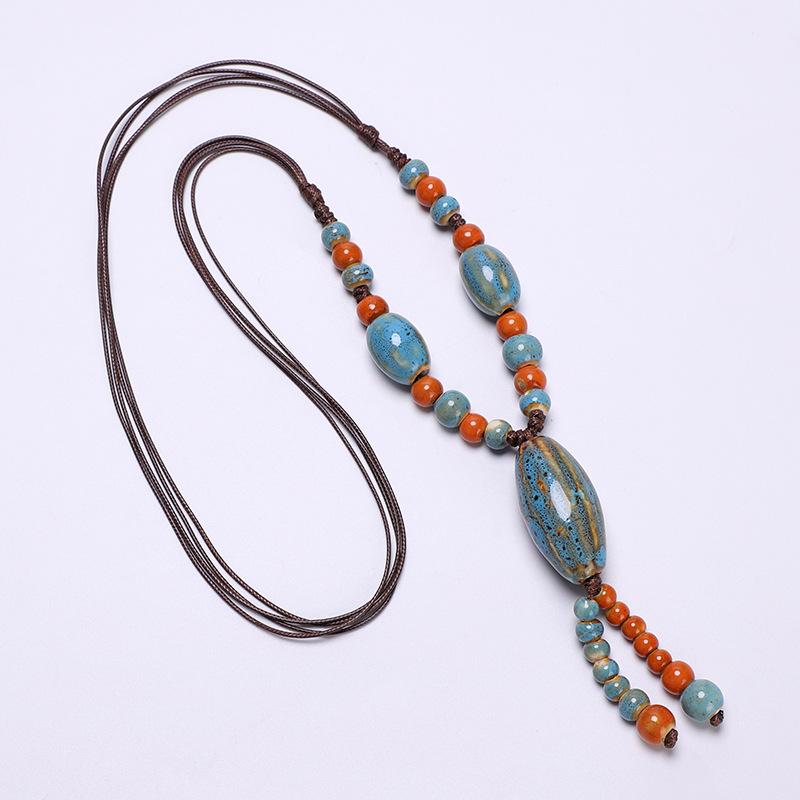 JMXD-ethnic Style Ceramic Necklace, Hand-woven Knotted Beaded Rope Chain, Non-fading Sweater Chain