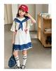 Navy collar dress for girls in summer, thin design for junior high school growth, T-skirt print, mid length skirt, college style, big kid