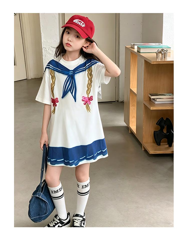 Navy collar dress for girls in summer, thin design for junior high school growth, T-skirt print, mid length skirt, college style, big kid