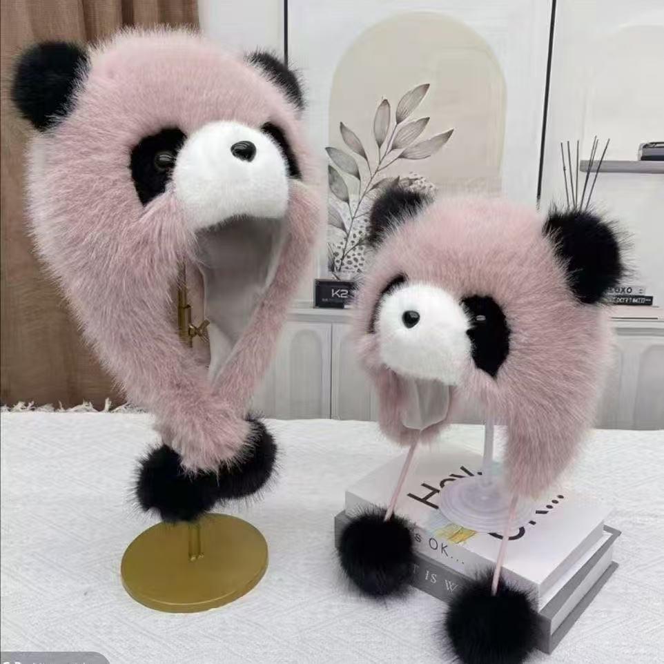 Autumn/Winter Faux Fox Fur Panda Hat for Parent-Child, Thick Warm Cartoon Hat with Large Ear Protection.