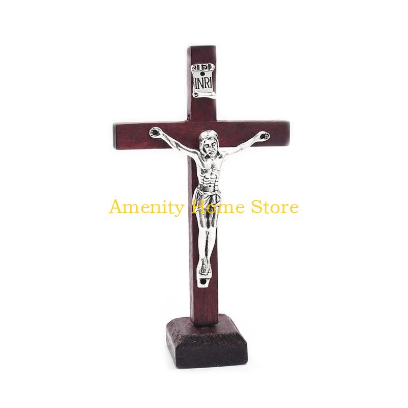 

F26C Wooden Catholic Jesus for Cross Crucifix with Stand Religious Prayer Tabletop De