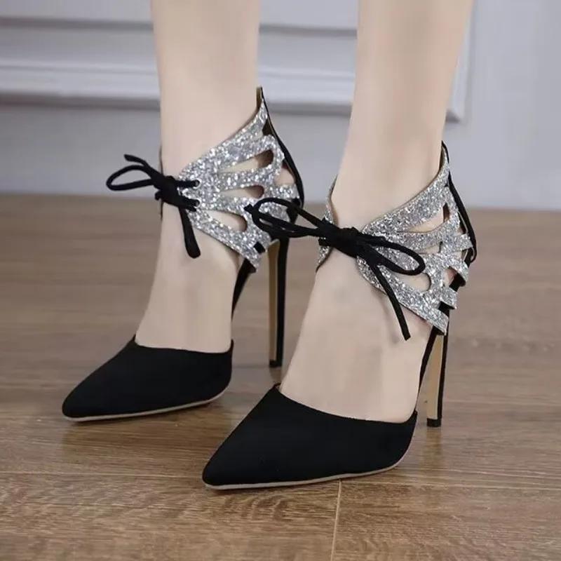 Fashion 2025 Summer Suede Glitter Pointed Toe Lace-up Stiletto Sandals Women's Plus Size Ultra High Heel Party Shoes Zapatos Mujer