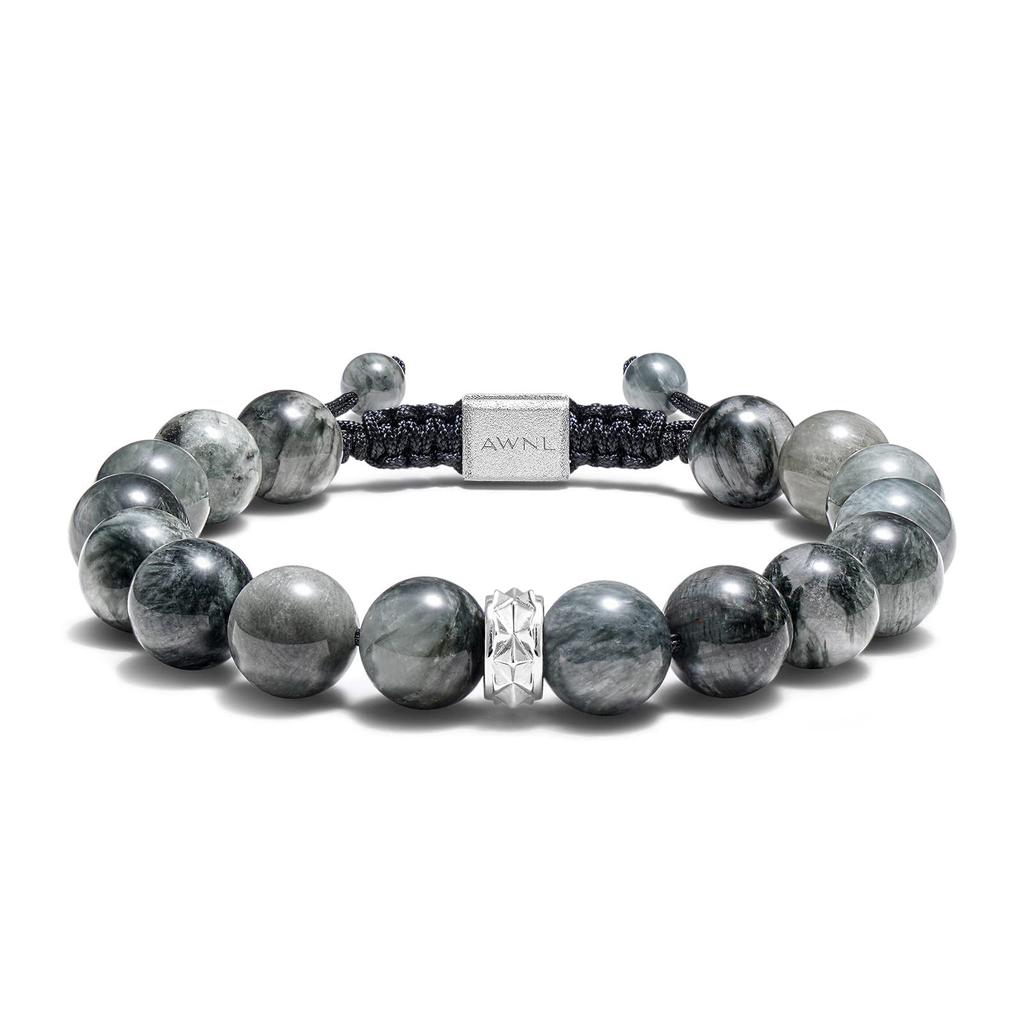 Gray Eye Beaded Bracelet for Sterling Silver with Braided Gift for Men [AWNL] Hawk's Men, Charm, Bracelet, (10mm Stone), 17.5cm-19cm