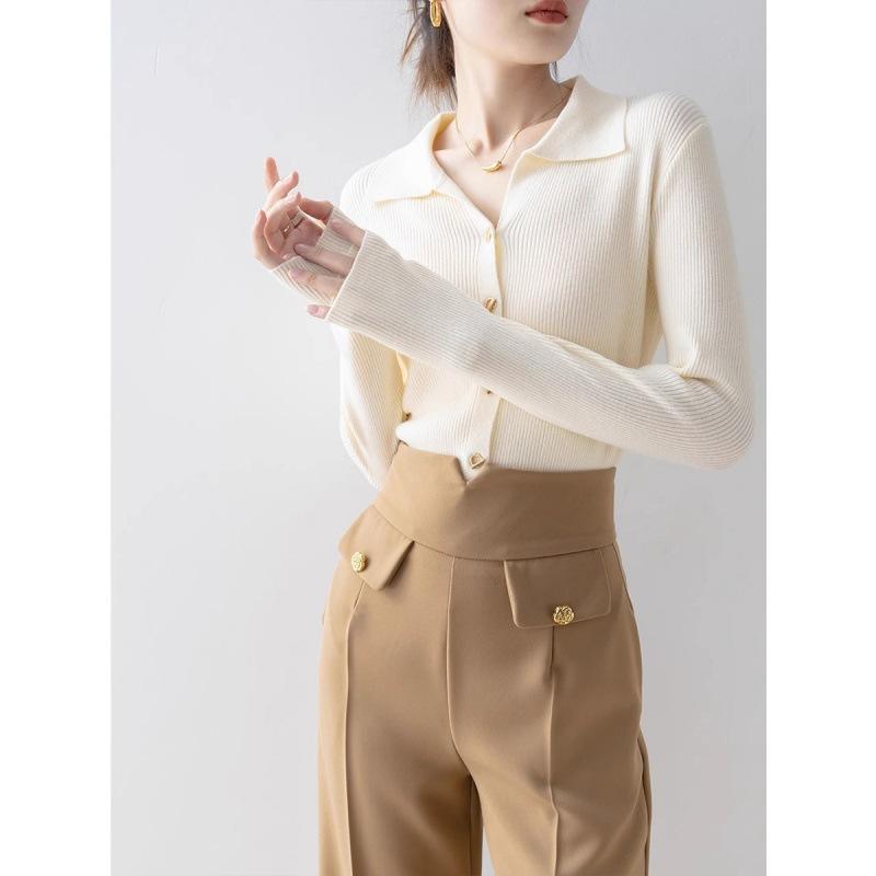 Lapel Knitted Cardigan Women's Early Autumn New Solid Color Lapel Top Long Sleeve Fashion Temperament Sweater Women