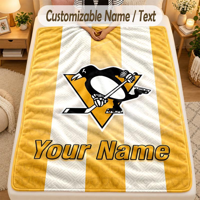 Flannel BlanketPittsburgh Penguins Custom Name Text Personalized Soft Warm Throw Blanket Home Decor Gift