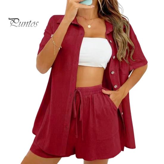 

2 шт./компл., женская рубашка, комплект с шортами, однотонный комплект с короткими рукавами, нагрудный карман, блузка с лацканами, шнурок с высокой талией, свободные брюки длиной выше колена, повседневный комплект XL красный