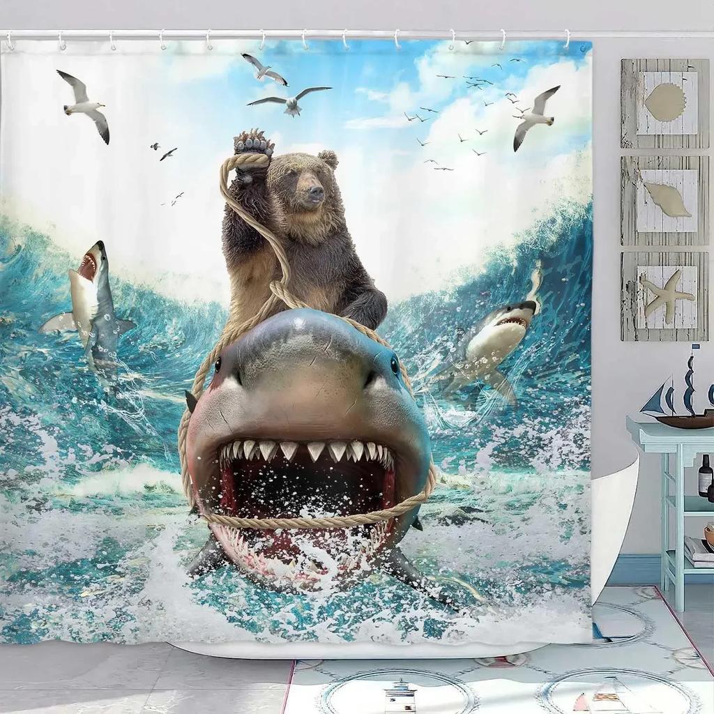 Funny Shower Curtains Bathroom Curtain With Hooks Decor Waterproof Cute Cat Dinosaur Bath Polyester Fabric