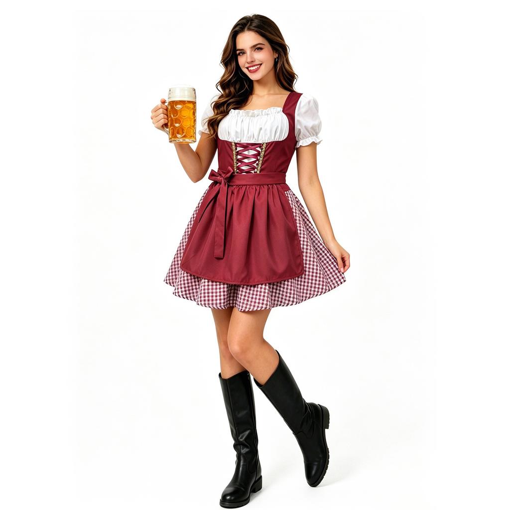 Costume da cameriera Dirndl bavarese con grembiule, Poliestere, Blu o Rosso vino