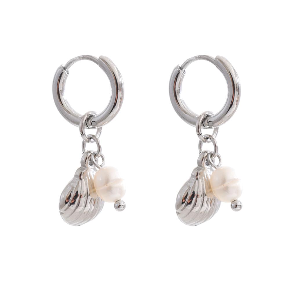 Yhpup Ocean Series Stainless Steel Natural Pearl Metal Shell Drop Hoop Earrings High Quality Charm Daily Jewelry Accessories