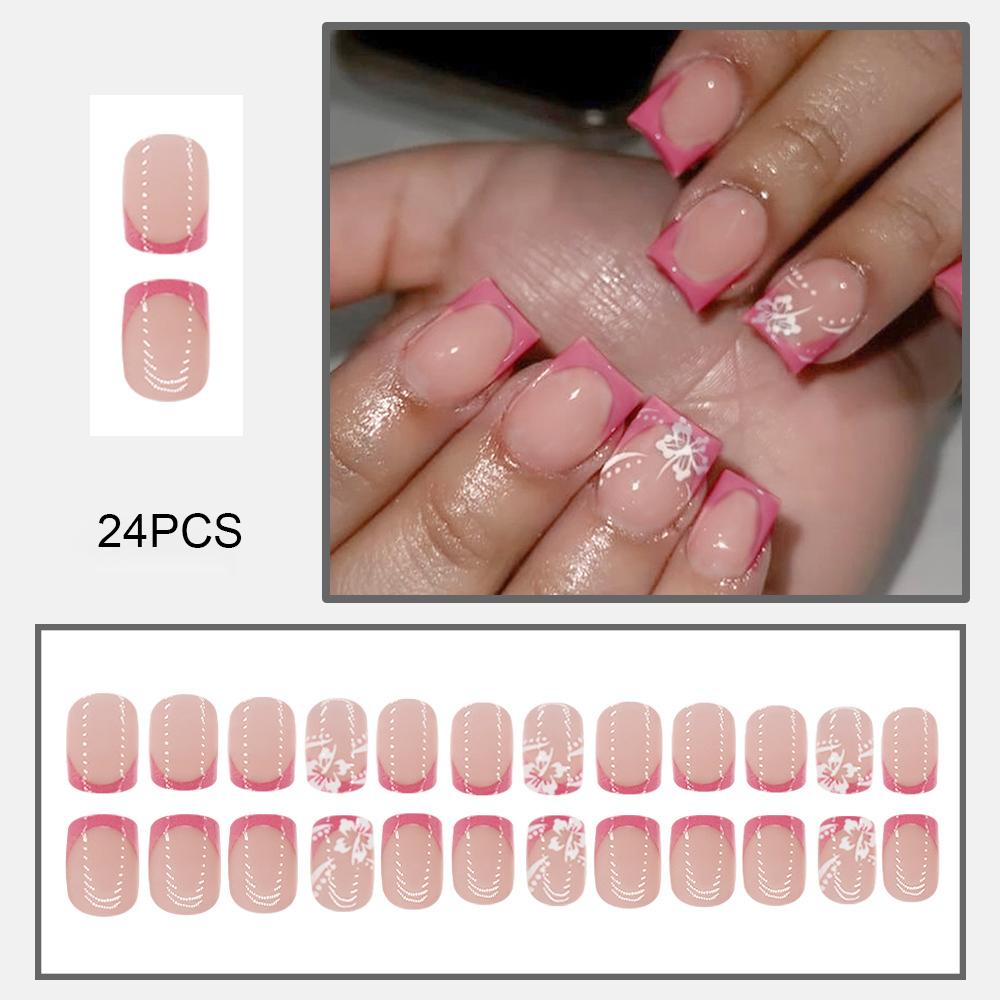 24PCS French Short Square Press On Nails Lightweight & Easy To Stick False Nails for Women Nail Art Decoration