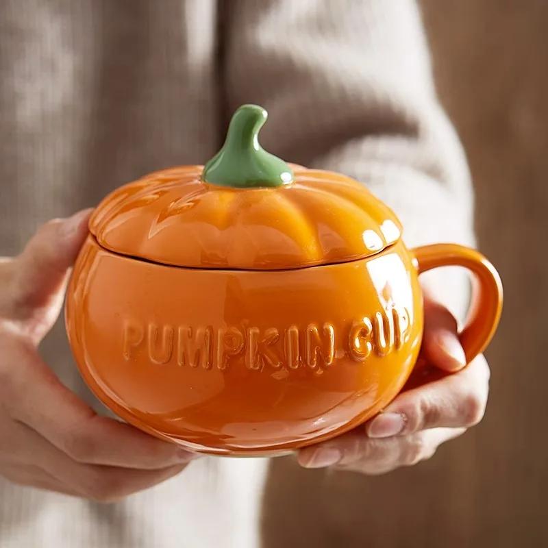 300/450ML Halloween Pumpkin Shaped Ceramic Cup With Spoon Kawaii Soup Mug With Lid Oatmeal Cup Creative Water Cup