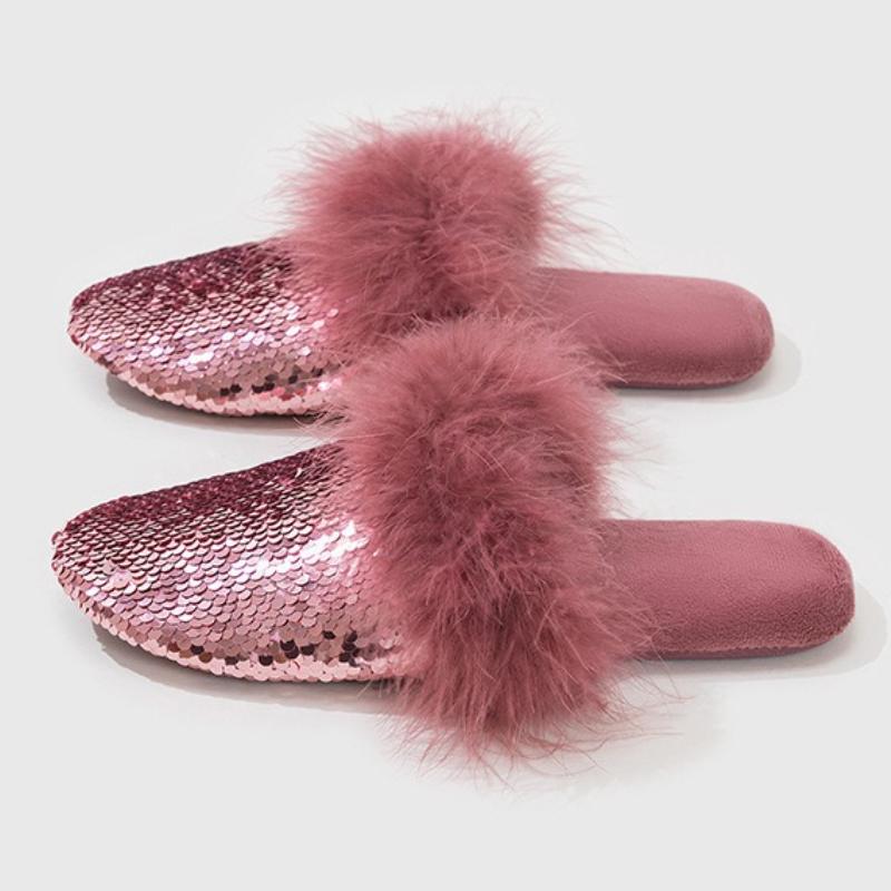 

Модные роскошные шлепанцы с пайетками и перьями, женские уютные пушистые домашние тапочки на мягкой подошве, дизайнерские хлопковые тапочки модного бренда 34-35 коричневый