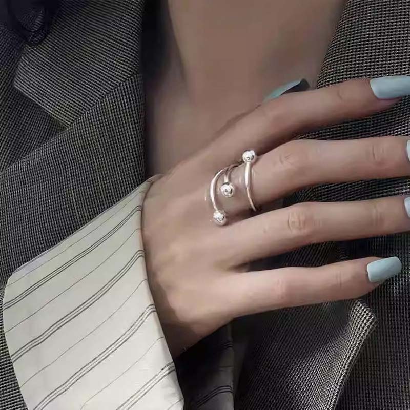 Fashion Copper Color Multilayer Ball Rings For Women Girls Minimalist Metal Geometric Lines Adjustable Finger Ring Jewelry Gifts