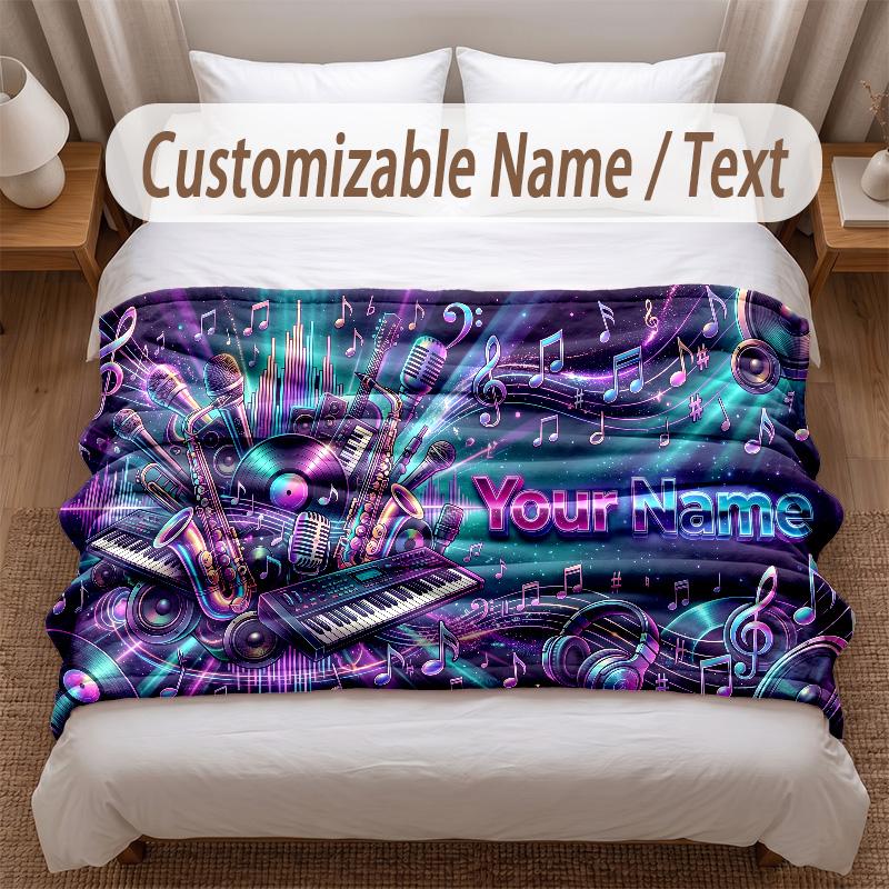 Music General Theme Soft Blanket Personalized Custom Name Text Print Warm Blanket Home Sofa Bedroom Decor