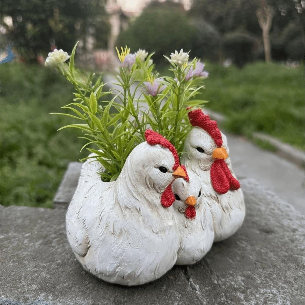 Handicrafts Decoration Chicken Family Flowerpot Funny Farmhouse Style Garden Statue Yard Ornaments Resin Chicken Figurine Lawn