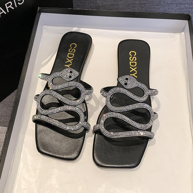 Korean Version of Rhinestone Snake Head Type Flat-bottomed Slippers Women's Flat Slippers Square Head Home Slippers Black