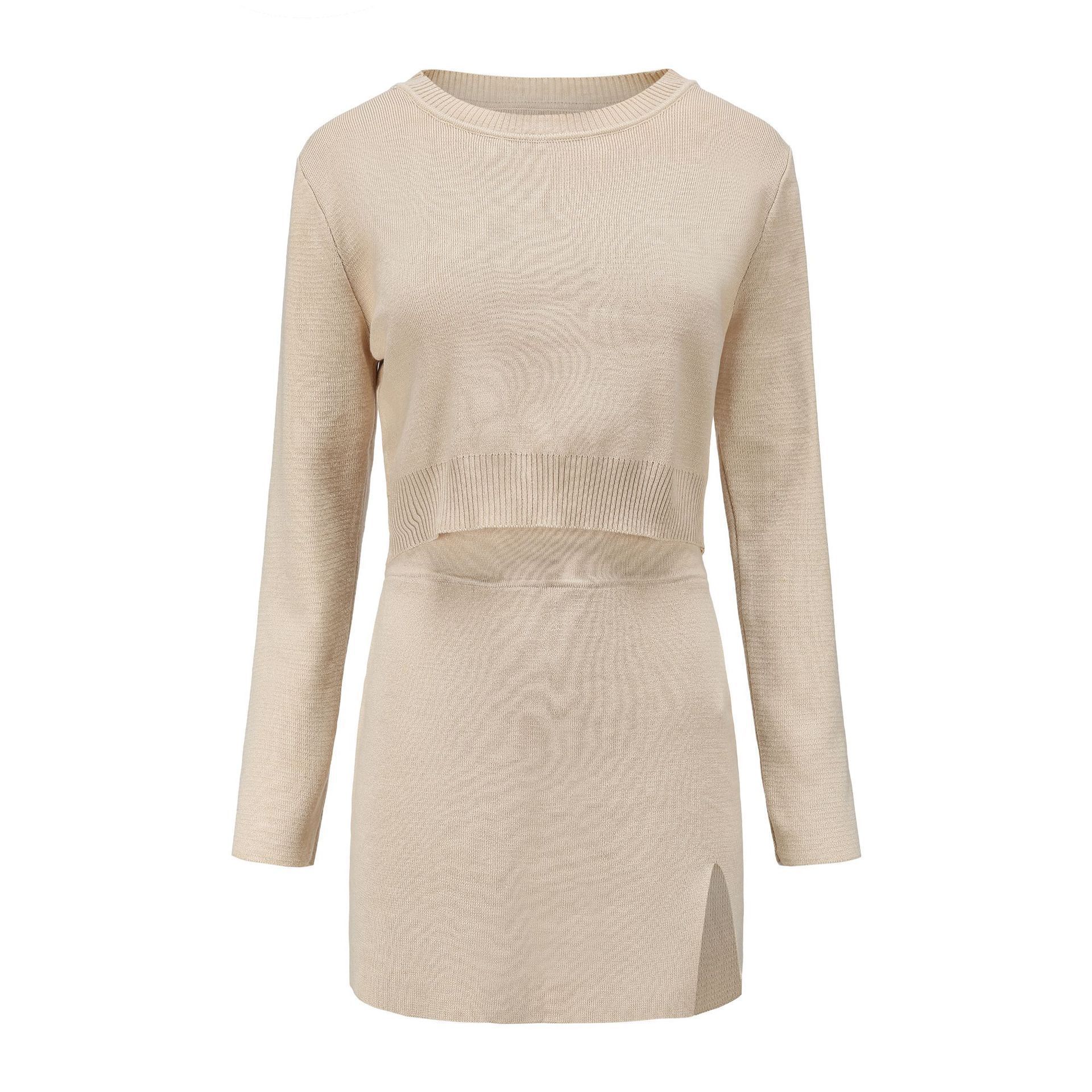 

Осень-зима ленивый ветер свободный свитер-пуловер костюм женский однотонный короткий рукав трикотажные широкие юбки комплект из двух предметов M абрикосовый